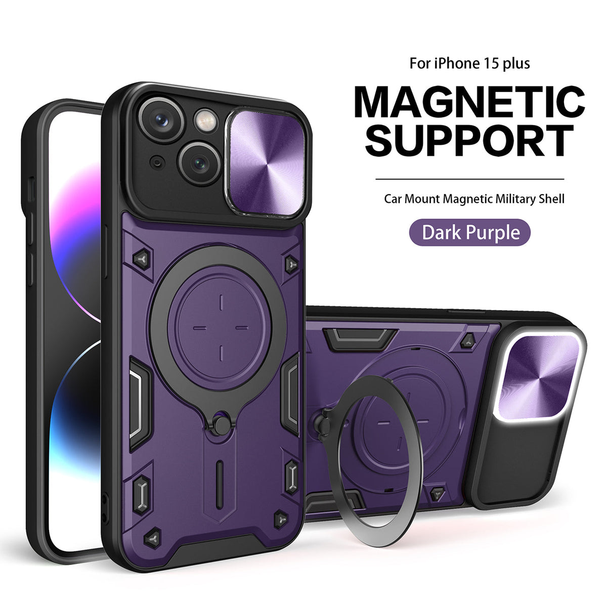 IPHONE 15 Plus Compatible TPU PC Shockproof Magnetic Phone Case with Free Adjustment Ring Holder for IPHONE 15 Plus in Purple - Premium Protection by