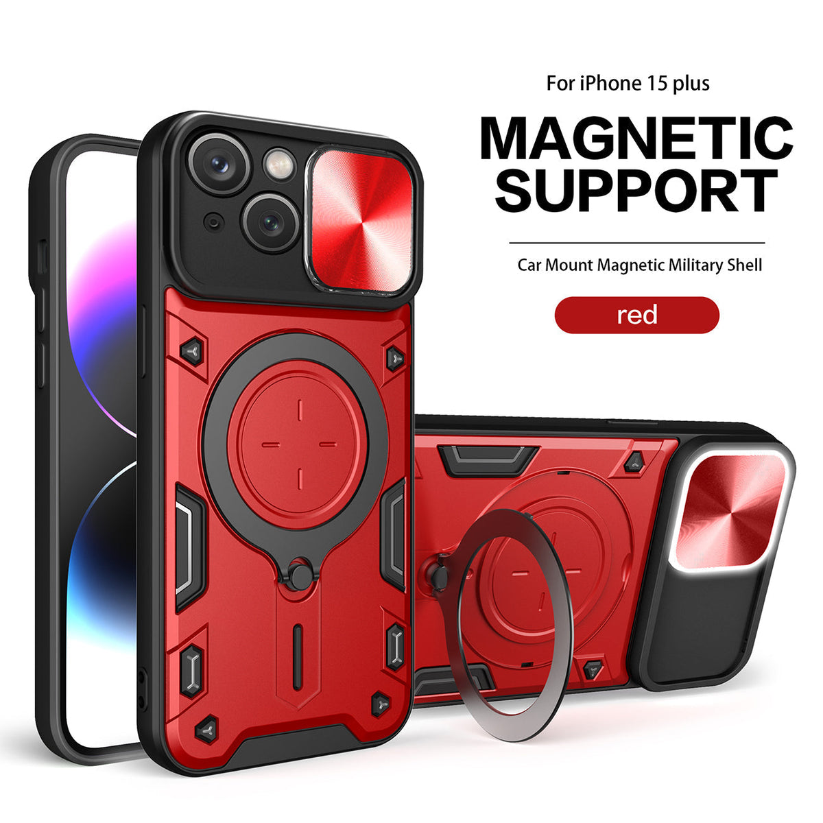 IPHONE 15 Plus Compatible TPU PC Shockproof Magnetic Phone Case with Free Adjustment Ring Holder for IPHONE 15 Plus in Red - Crystal Clear Protection by
