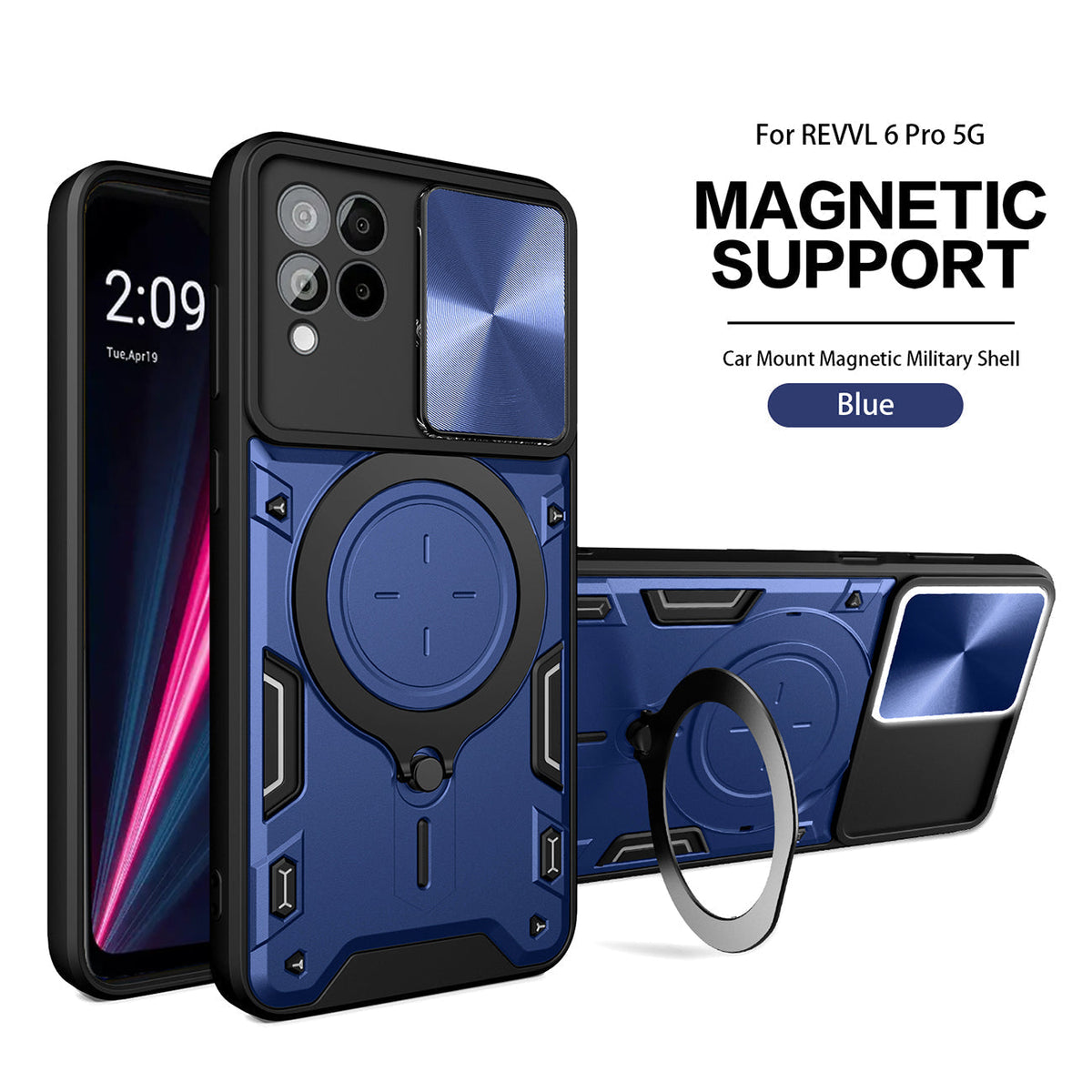 TPU PC Shockproof Magnetic Phone Case with Free Adjustment Ring Holder for REVVL 6 PRO 5G in Blue - Heavy Duty & Reliable