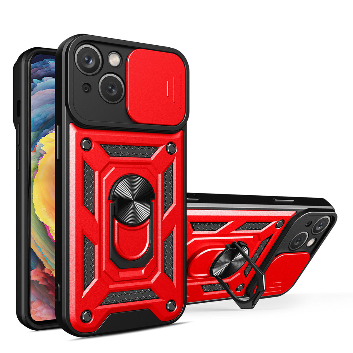 IPHONE 14 Compatible Kickstand Ring Holder with Slide Camera Cover TPU Magnetic Car Mount for APPLE IPHONE 14 In Red - Shockproof Protection by