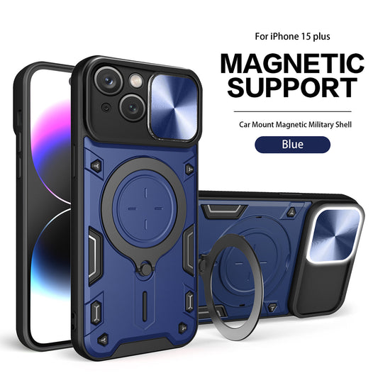 IPHONE 15 Plus Compatible TPU PC Shockproof Magnetic Phone Case with Free Adjustment Ring Holder for IPHONE 15 Plus in Blue - Heavy Duty Protection by