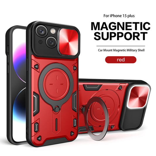 IPHONE 15 Plus Compatible TPU PC Shockproof Magnetic Phone Case with Free Adjustment Ring Holder for IPHONE 15 Plus in Red - Crystal Clear Protection by