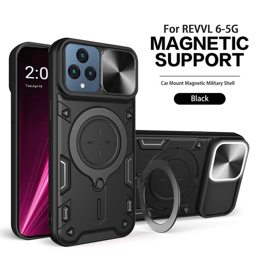 TPU PC Shockproof Magnetic Phone Case with Free Adjustment Ring Holder for REVVL 6 5G in Black - Durable & Reliable