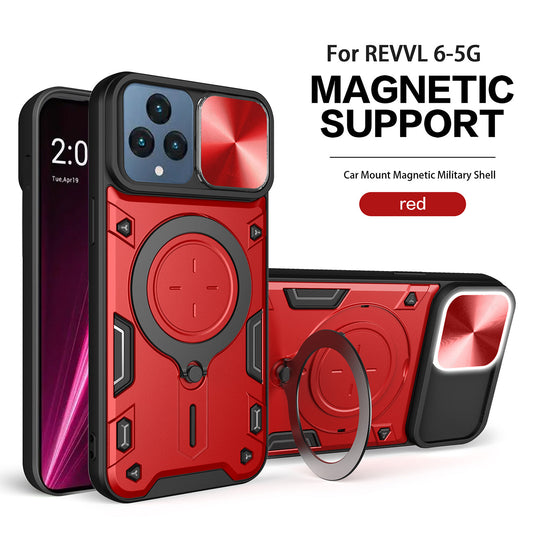 TPU PC Shockproof Magnetic Phone Case with Free Adjustment Ring Holder for REVVL 6 5G in Red - Crystal Clear & Reliable