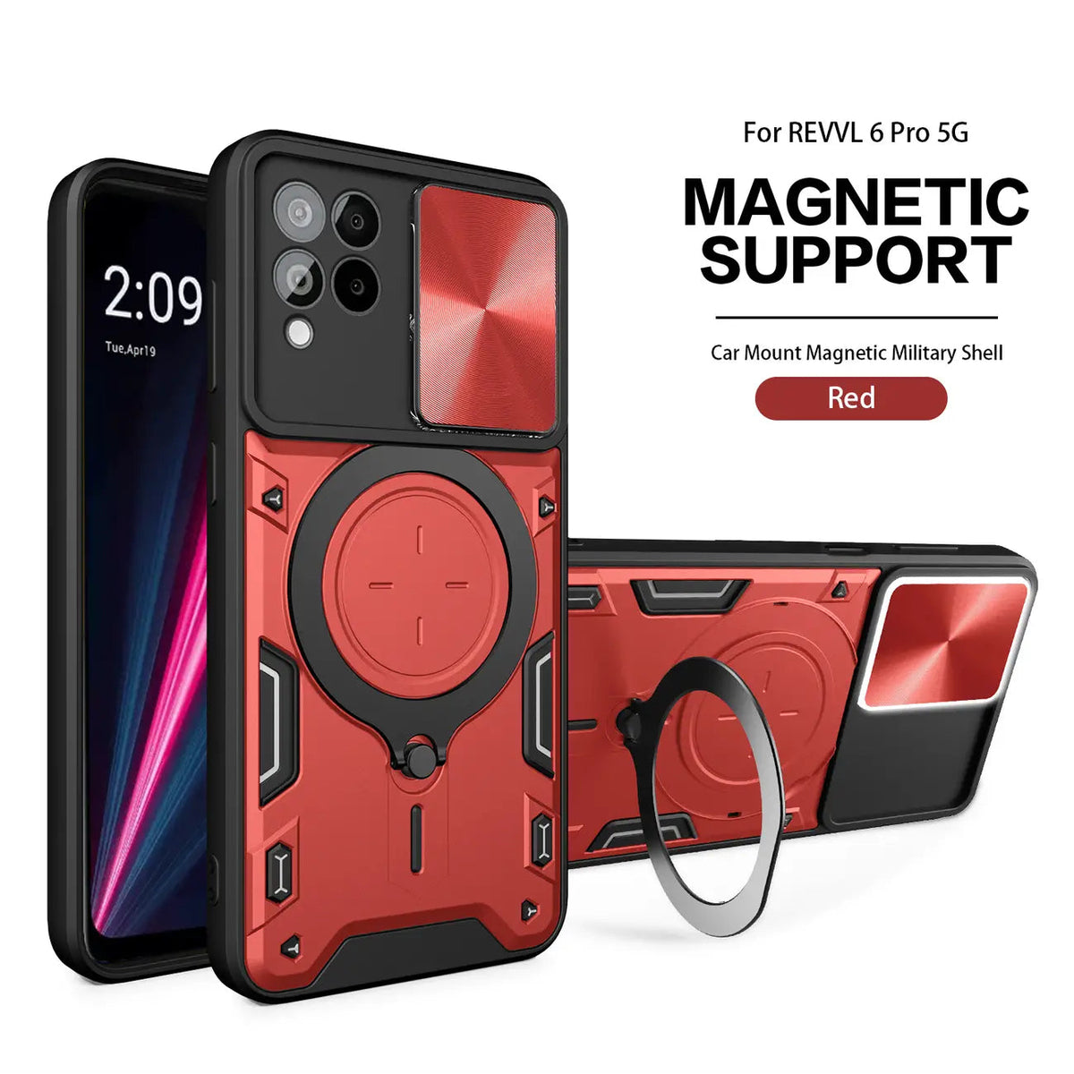 TPU PC Shockproof Magnetic Phone Case with Free Adjustment Ring Holder for REVVL 6 PRO 5G in Red - Ultra-Slim & Reliable