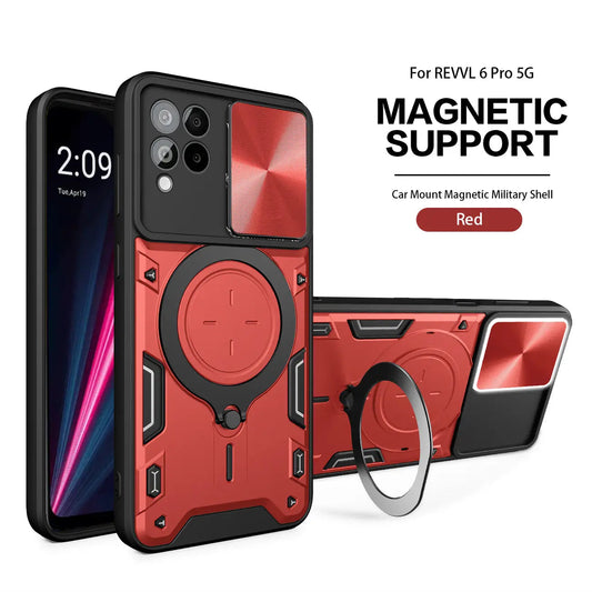TPU PC Shockproof Magnetic Phone Case with Free Adjustment Ring Holder for REVVL 6 PRO 5G in Red - Ultra-Slim & Reliable