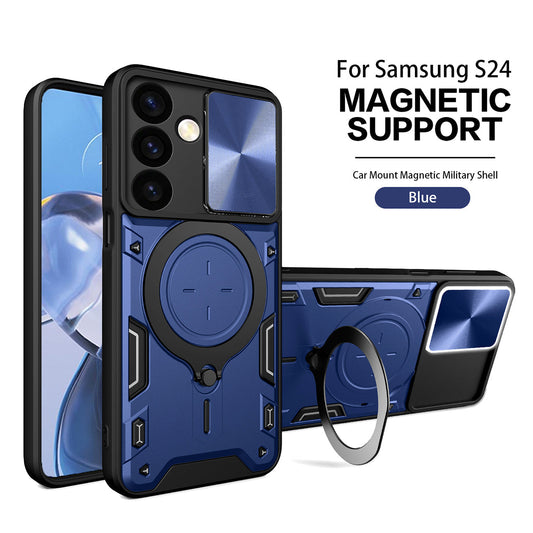 TPU PC Shockproof Magnetic Phone Case with Free Adjustment Ring Holder For Samsung Galaxy S24 in Blue - Crystal Clear & Reliable