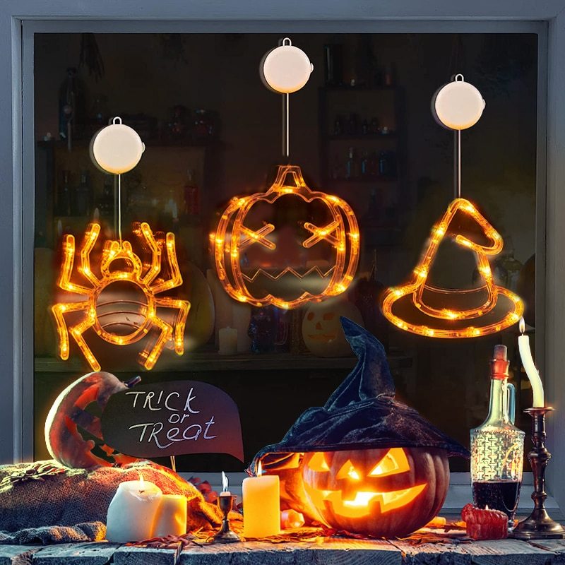 Halloween Window Hanging Lights | LED Spider, Pumpkin & Ghost Decorations