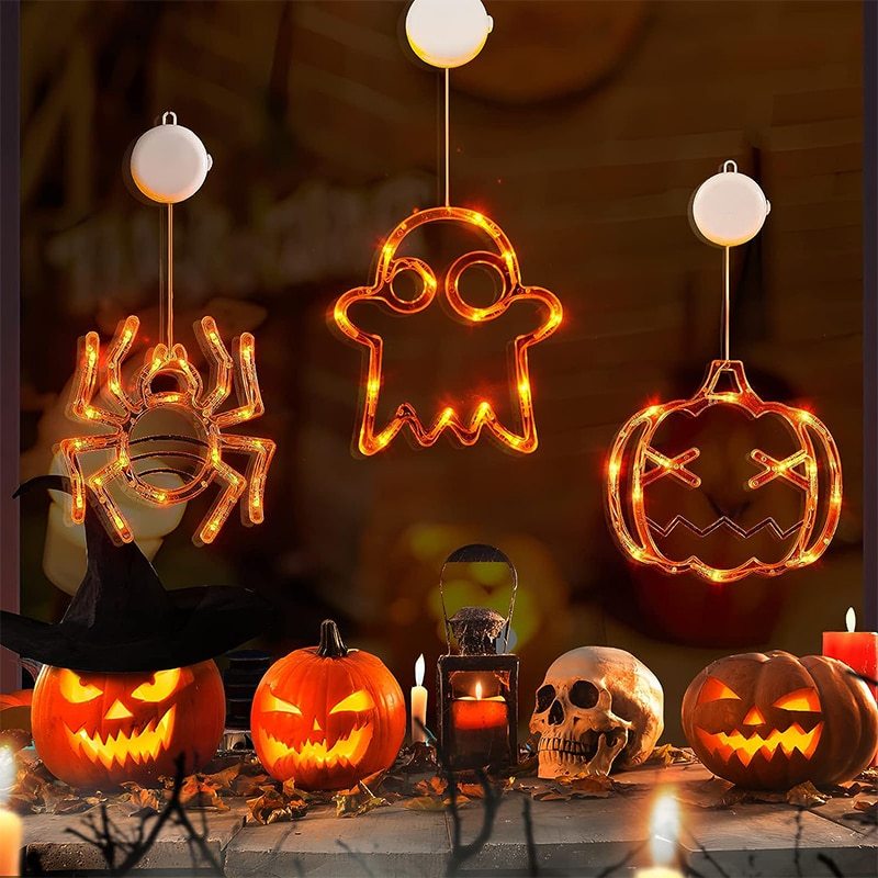 Halloween Window Hanging Lights | LED Spider, Pumpkin & Ghost Decorations